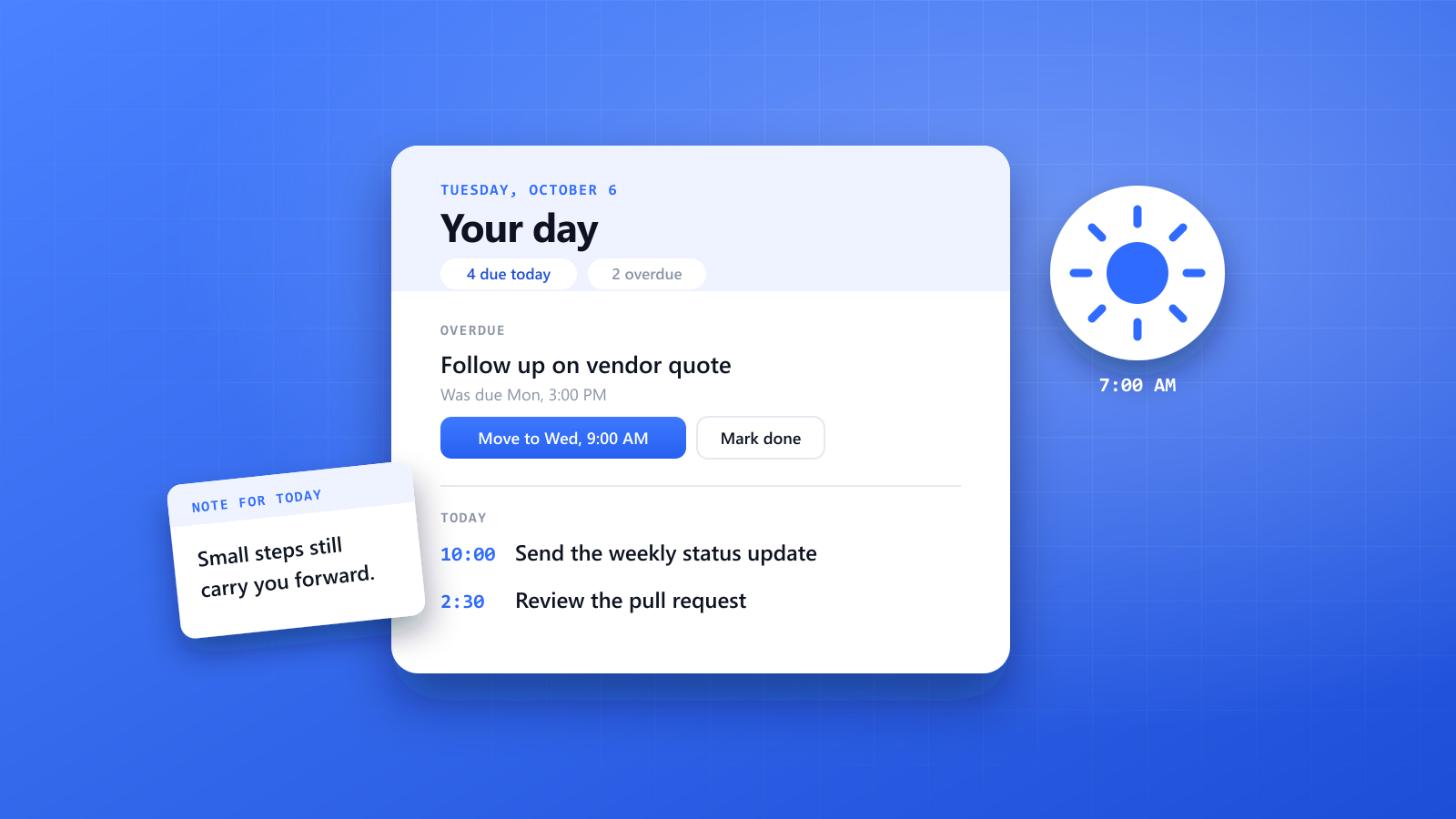 A morning digest email card titled "Your day" with overdue and today sections and a suggested new time