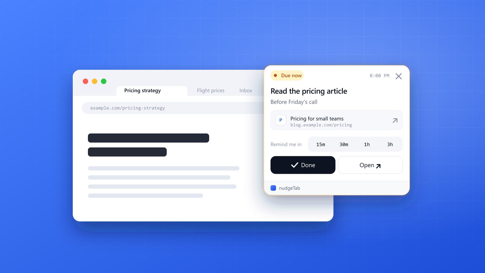 A nudgeTab reminder, "Read the pricing article", appearing on top of an article a reader saved for later